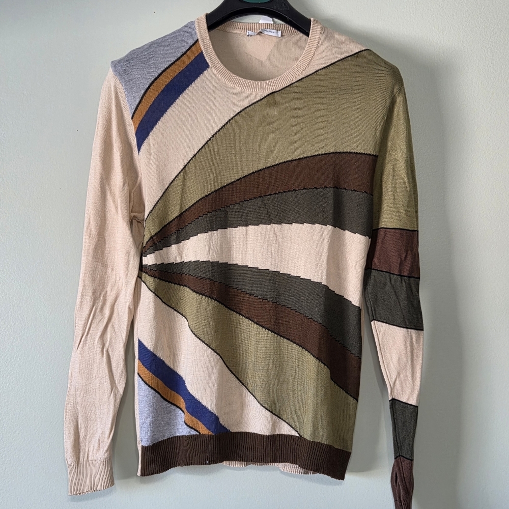 Daniele Alessandrini Italia Designer Long Sleeve Pullover Tan+Green+Blue Size Sm